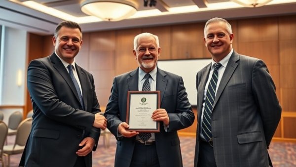 Vendor of the Year award ceremony with three men in suits.