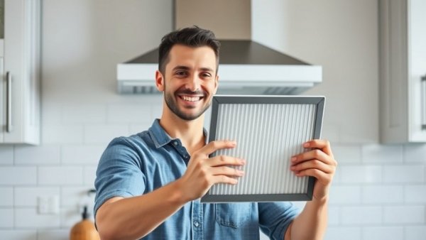 Young man cleaning hidden kitchen areas, focusing on range hood filter, modern kitchen setting.