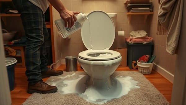 Overflowing toilet from DIY carpet cleaning disaster, bathroom mishap.