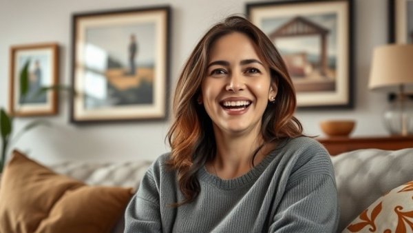 Young woman discussing financial habits for success in a cozy room.