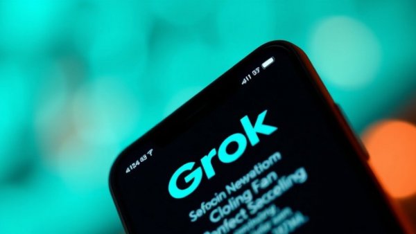 Grok logo on smartphone, modern tech vibe, abstract teal background.
