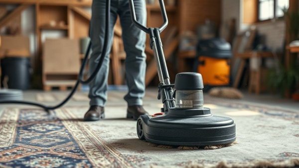 Professional cleaning of wool rug with buffer machine in workshop.