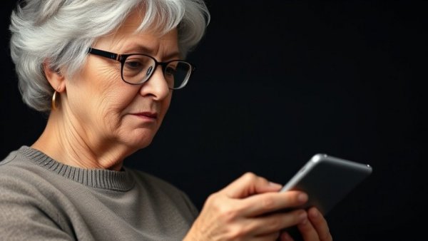 Older woman reading from tablet, impact of internet usage on physical health.