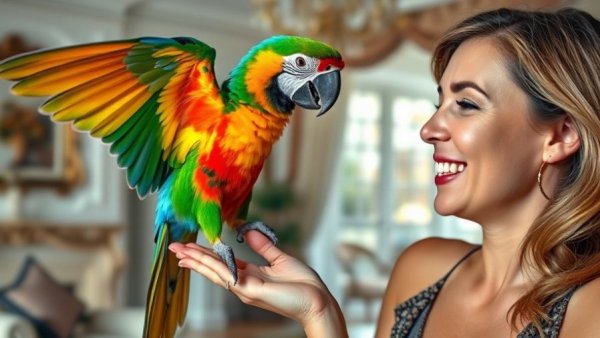 Colorful parrot on woman's hand in vibrant room, lively interaction.