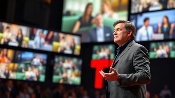 Speaker on stage with 'This film is different every time' sign.