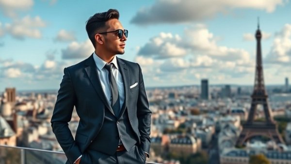 Confident traveler enjoying Paris view, showcasing travel rent-free via pet sitting.
