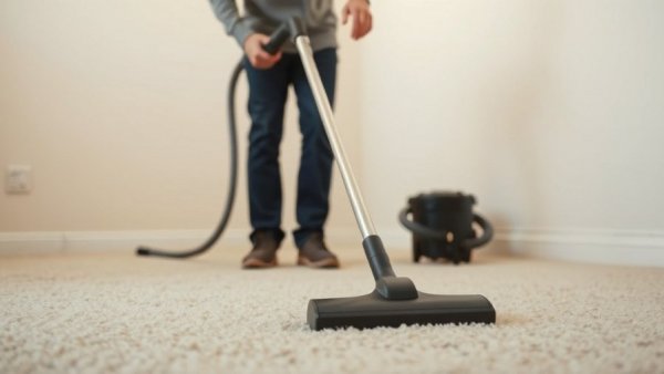 Effective vacuuming technique demonstrated by man cleaning carpet.