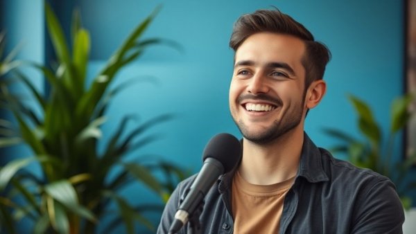 Smiling man in a hoodie speaks into a microphone, indoor setting.