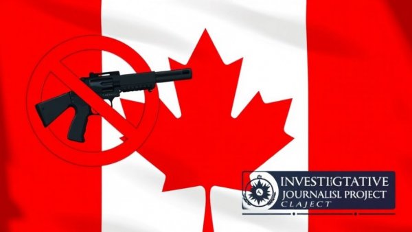 Canadian gun ban illustration with maple leaf and ban symbol.