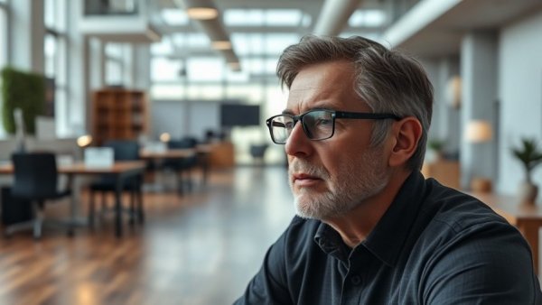 Mature man focused in a modern open office, local SEO.