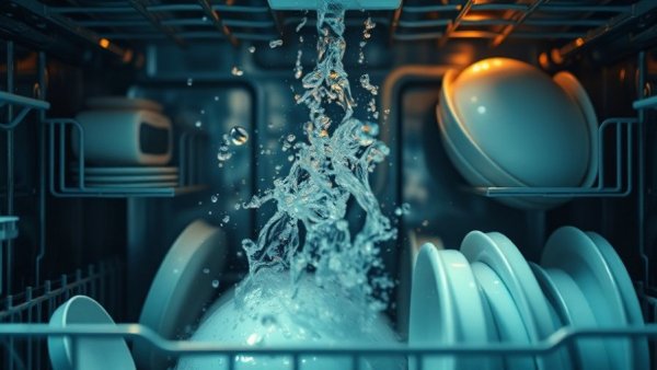 Intriguing view inside a dishwasher with water spraying over dishes.