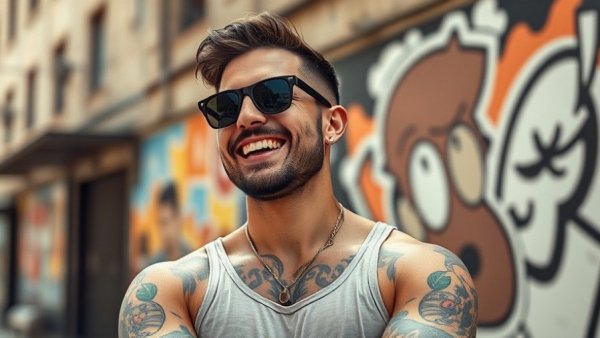 Confident tattooed man smiling outdoors, related to training to failure.