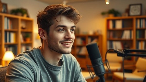 Young man in home studio setting, talking into a microphone.