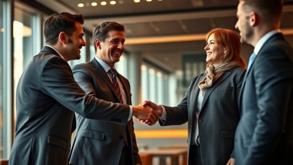 Business professionals handshake at BNI conference, illustrating What Is BNI.