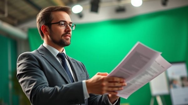Operations manager sharing insights, formal setting, green backdrop.