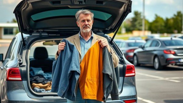Casual man reselling used clothing from car trunk in daylight.