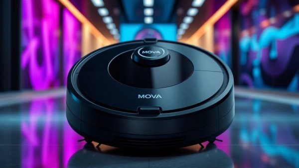 Futuristic MOVA Mobius 60 robot vacuum on display in a modern setting.