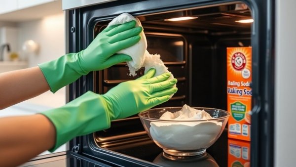 Person cleaning oven door with baking soda, showcasing effective cleaning technique.