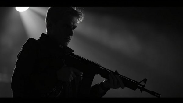 Silhouetted figure holding rifle, gun control deception theme.