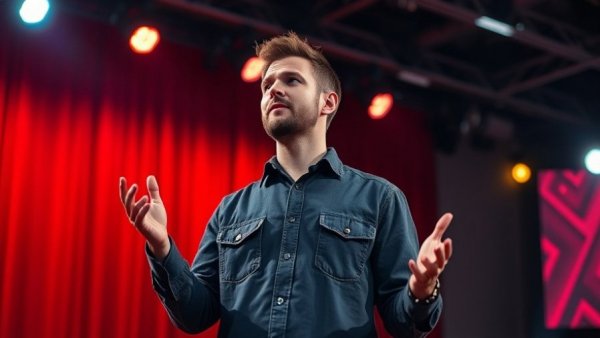 Casually dressed speaker presenting on stage with vibrant lighting.