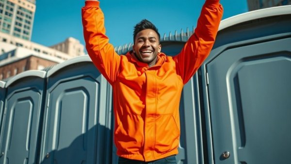 Smiling person on portable toilets highlights business profitability.