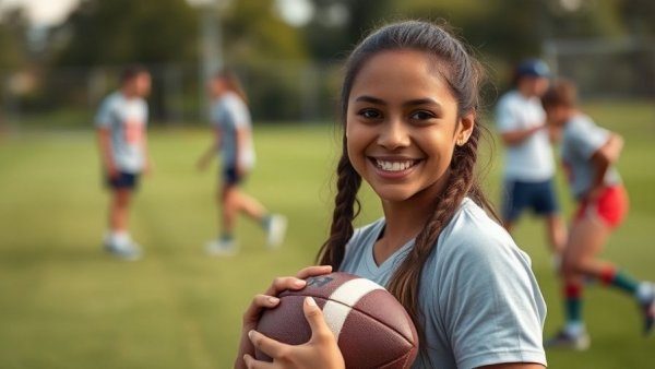 Young female football player smiling on field, Flag football Olympic debut.