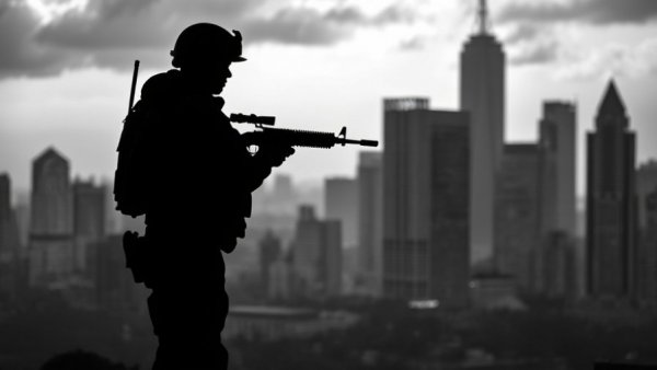 Silhouette of soldier in city, representing New York Gun Laws.
