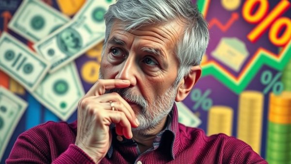 Thoughtful man contemplating investment, vibrant dollar chart background.