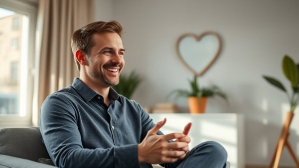 Cost of hiring a dating coach: man in modern room, heart decor.