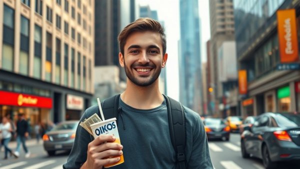 Young man holding cash and OIKOS drink in city for Strength Challenge.