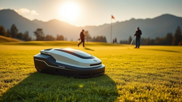 Husqvarna robotic mower on a golf course with golfers nearby.