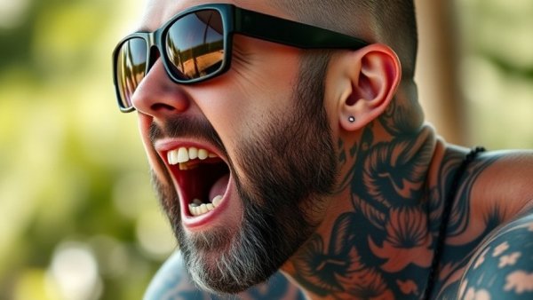 Tattooed man passionately speaking outdoors, Lee Priest 1000 reps.