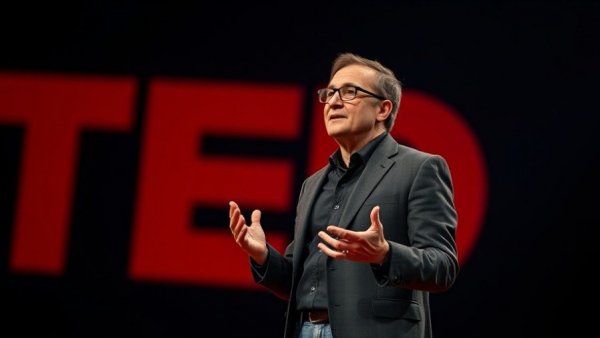 Speaker discussing real-world problem solving in education on stage.