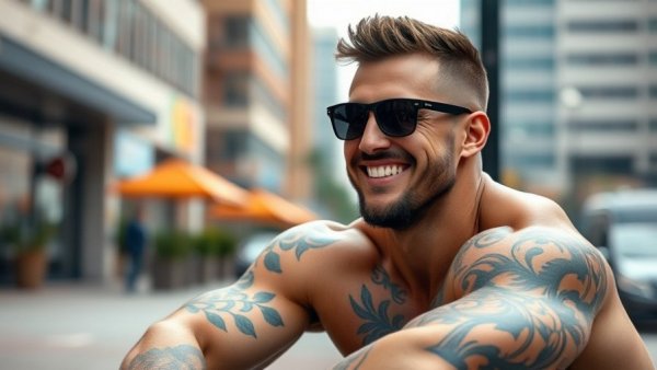 Muscular tattooed man smiling outdoors, why bodybuilders still know best.