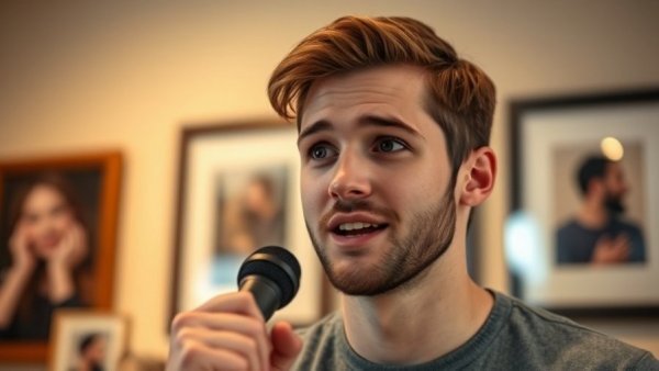 Young man speaking into a microphone, discussing AI in marketing.