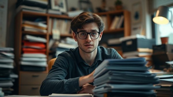 Thoughtful person questioning 'AI Creating More Work', cozy office setting.