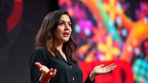 Speaker discussing how AI can enhance education, TED Talk setting.
