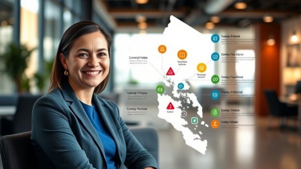 Professional woman with Bay Area map overlay, multiple jobs infographic.