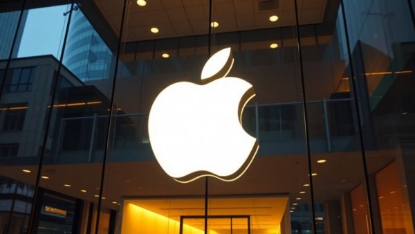 Illuminated Apple logo glowing on glass storefront, record iPhone sales