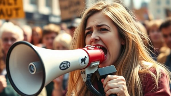 Woman advocating at protest with megaphone, managing corporate activism.
