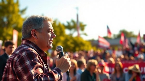 Confident speaker at outdoor rally discussing banburger gun control, natural lighting.