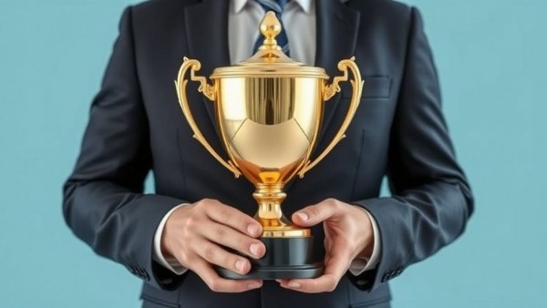 Businessperson receiving a gold trophy for Top Impact Company Recognition.