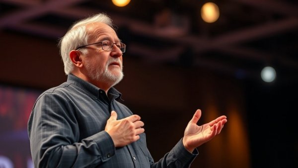 Older man presenting on stage about silence as a universal medicine.