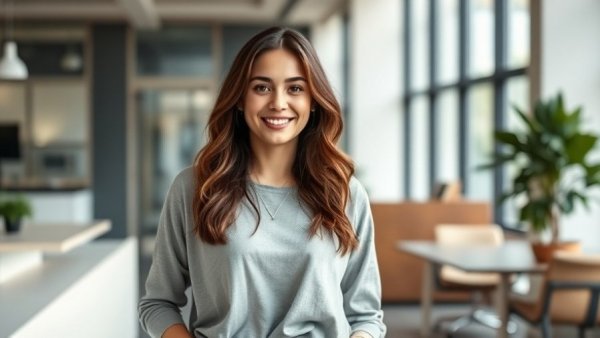 Young woman in office promoting in-person dating app events.