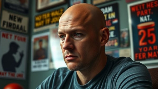 Motivational scene with bald man and posters, Men Must Set The Standard.