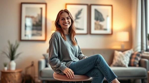 Smiling woman in cozy room discussing payroll management for boutique fitness studios.