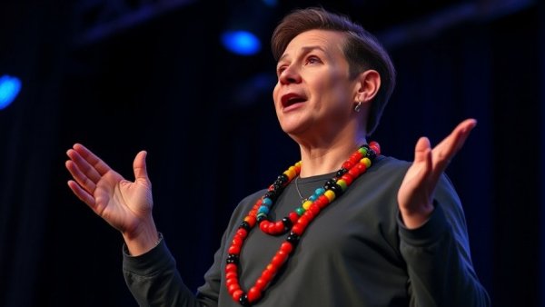 Confident speaker with colorful necklace on stage, Ustopias in Collective Imagination.