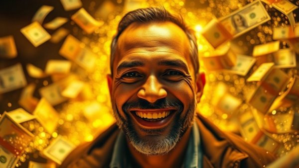Financial abundance concept with smiling man and flowing money.