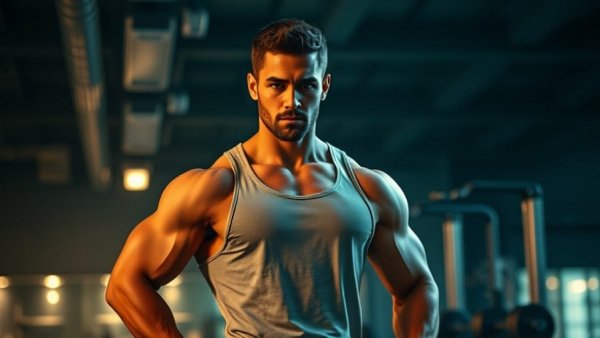 Muscular man in gym sharing fitness transformation tips, confidently posing.