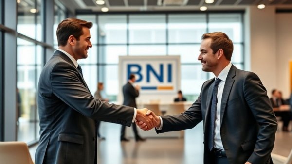 Businessmen shaking hands at BNI one-to-one meeting in modern setting.